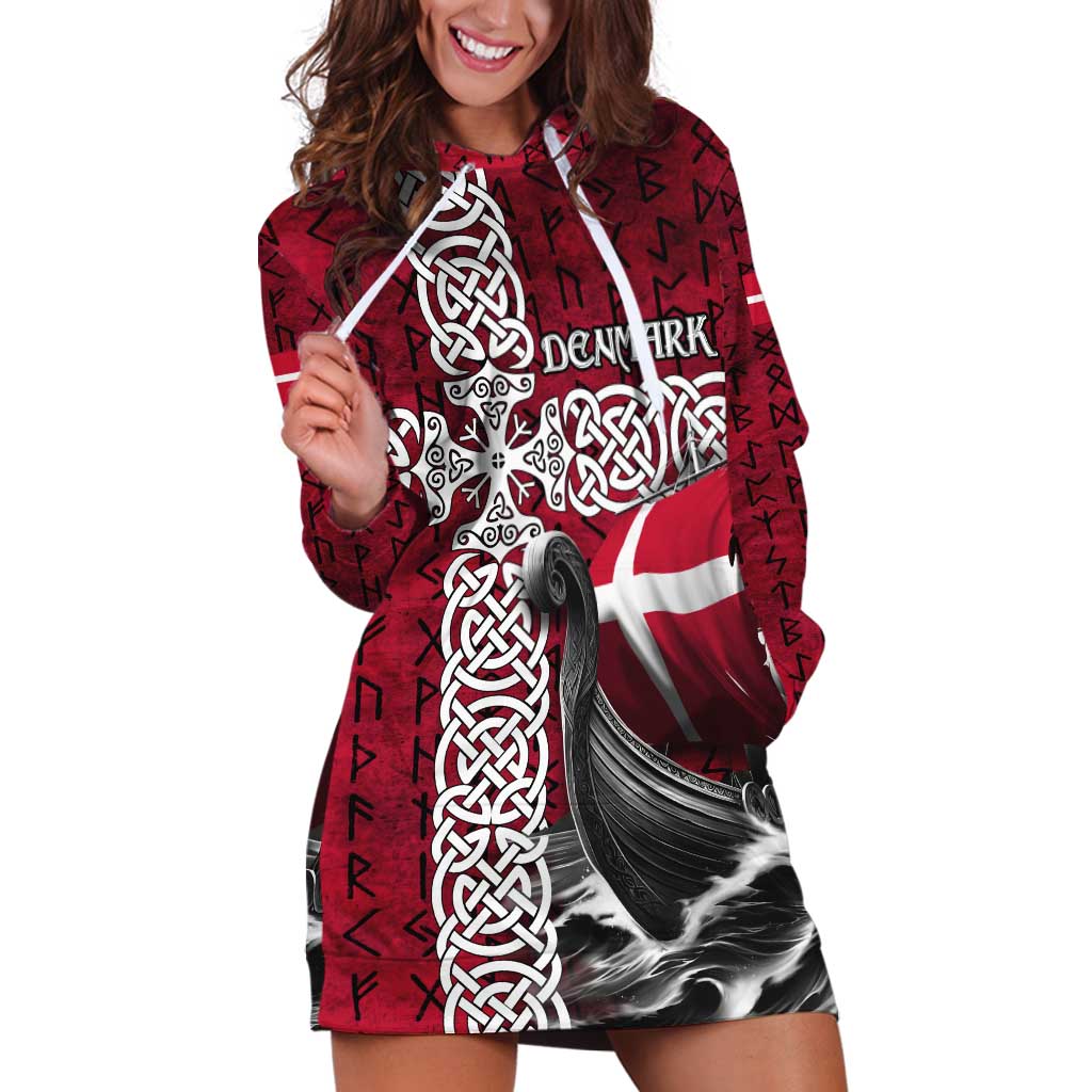 Denmark Viking Longship Hoodie Dress Norse Rune & Celtic Cross Danish Flag