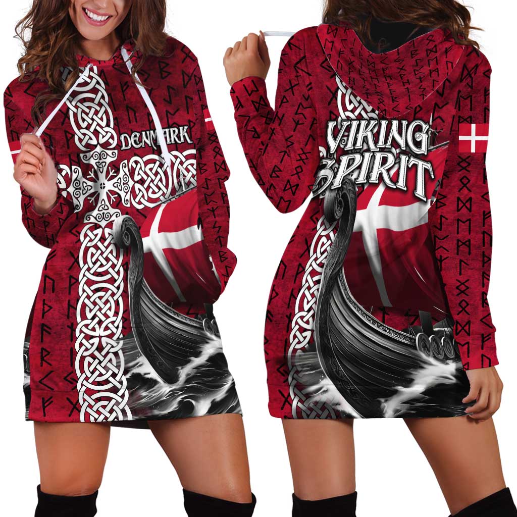 Denmark Viking Longship Hoodie Dress Norse Rune & Celtic Cross Danish Flag
