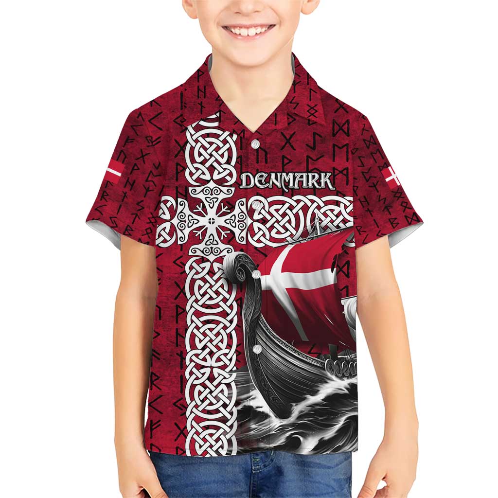 Denmark Viking Longship Kid Hawaiian Shirt Norse Rune & Celtic Cross Danish Flag