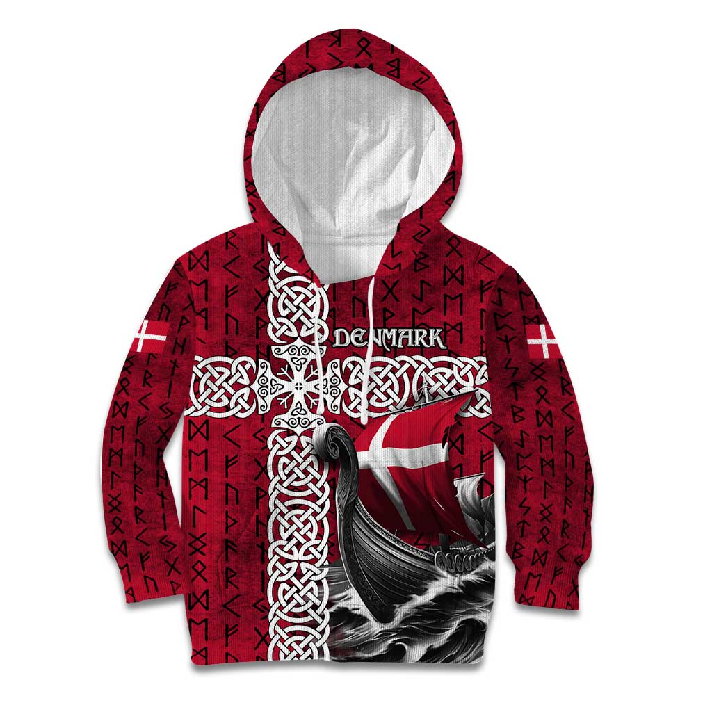 Denmark Viking Longship Kid Hoodie Norse Rune & Celtic Cross Danish Flag