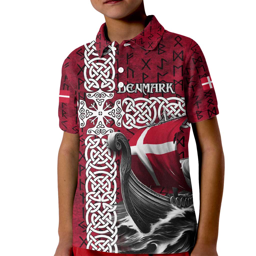 Denmark Viking Longship Kid Polo Shirt Norse Rune & Celtic Cross Danish Flag