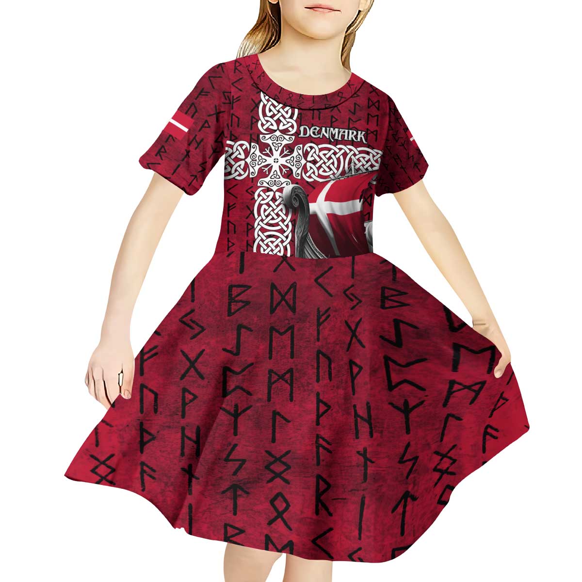 Denmark Viking Longship Kid Short Sleeve Dress Norse Rune & Celtic Cross Danish Flag