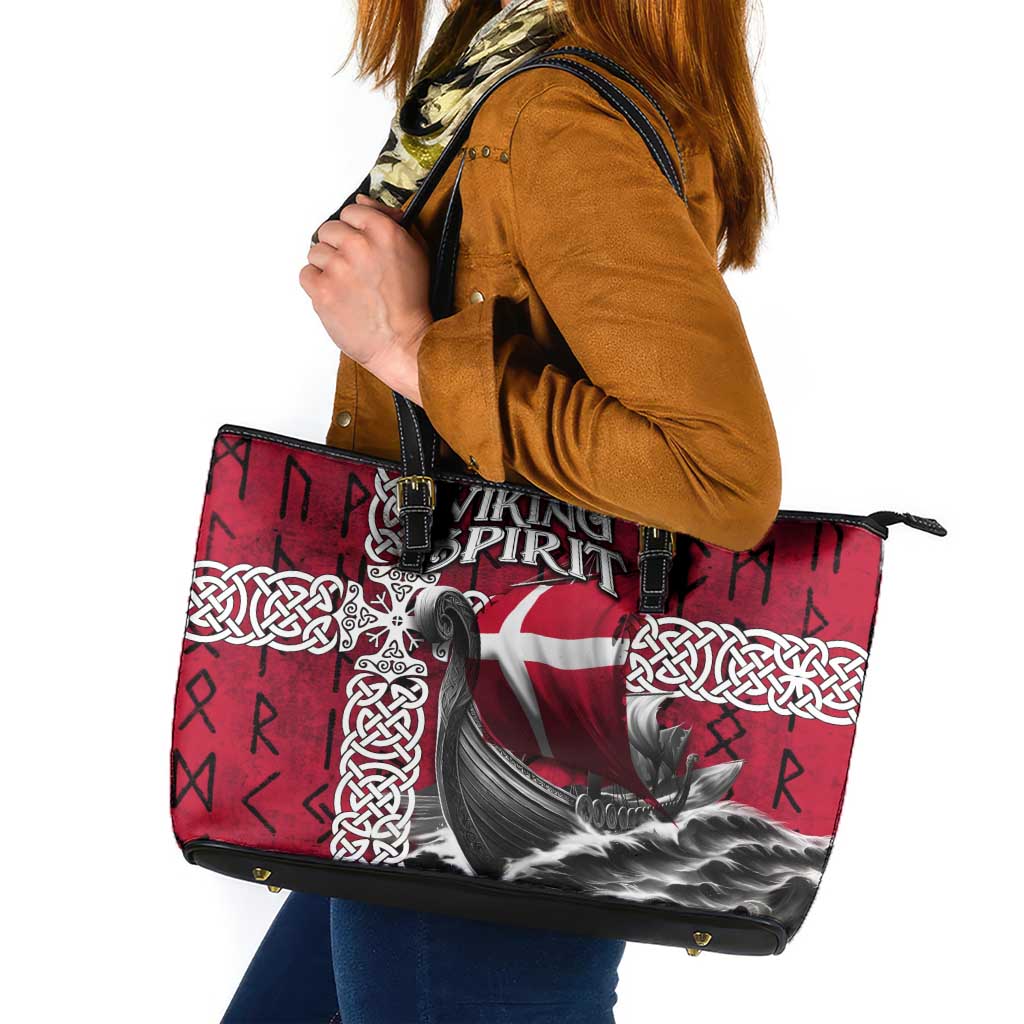 Denmark Viking Longship Leather Tote Bag Norse Rune & Celtic Cross Danish Flag