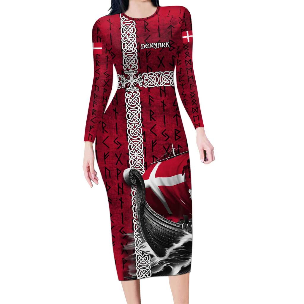 Denmark Viking Longship Long Sleeve Bodycon Dress Norse Rune & Celtic Cross Danish Flag