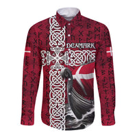 Denmark Viking Longship Long Sleeve Button Shirt Norse Rune & Celtic Cross Danish Flag