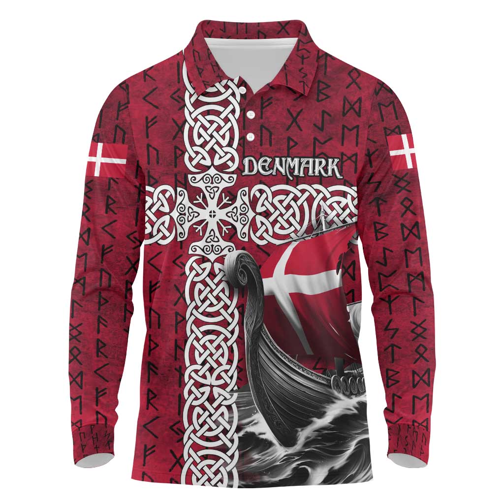 Denmark Viking Longship Long Sleeve Polo Shirt Norse Rune & Celtic Cross Danish Flag