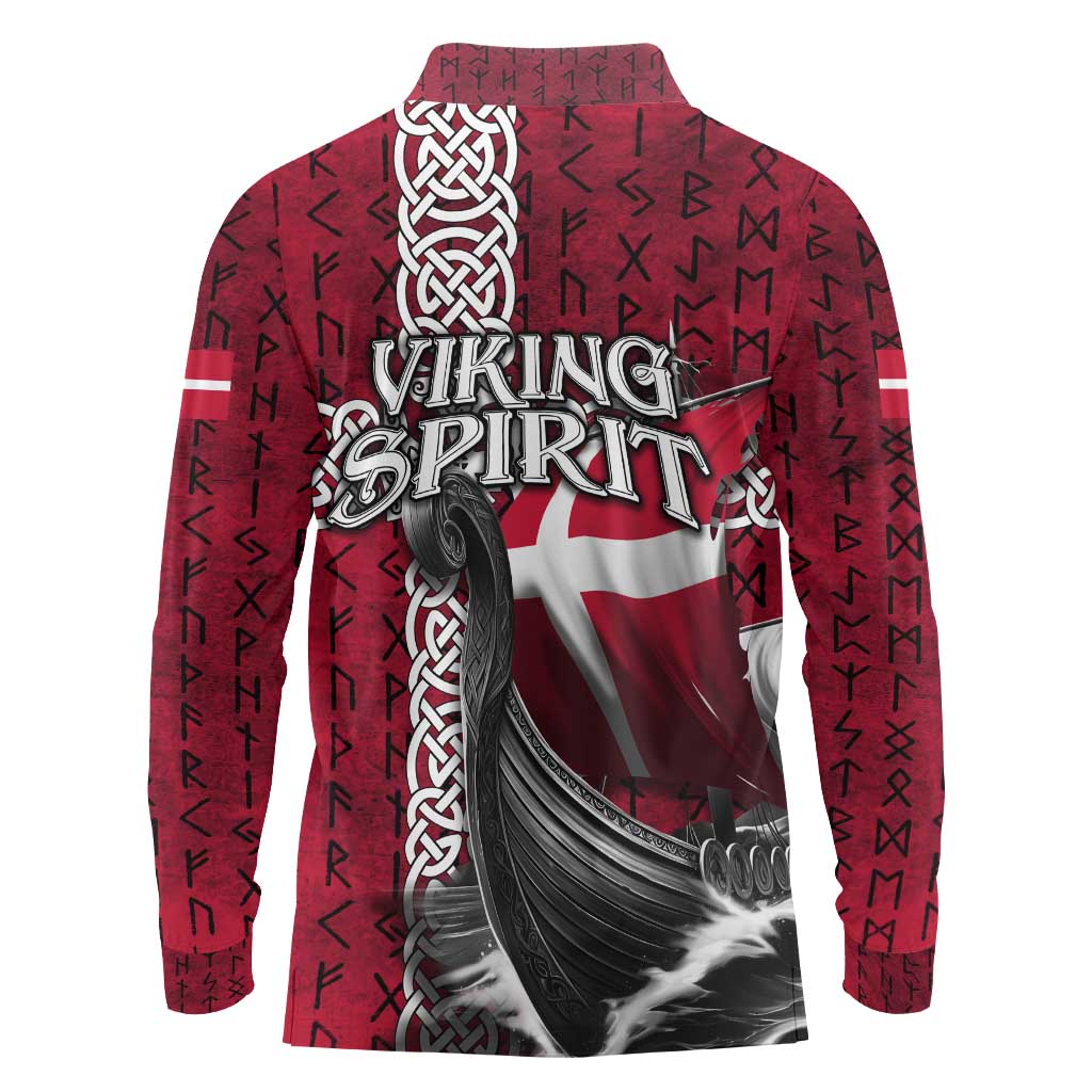 Denmark Viking Longship Long Sleeve Polo Shirt Norse Rune & Celtic Cross Danish Flag