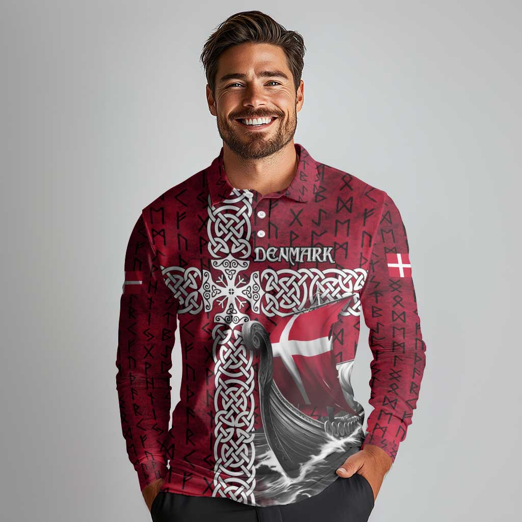 Denmark Viking Longship Long Sleeve Polo Shirt Norse Rune & Celtic Cross Danish Flag
