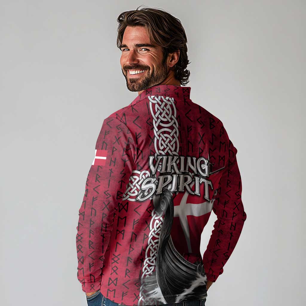 Denmark Viking Longship Long Sleeve Polo Shirt Norse Rune & Celtic Cross Danish Flag