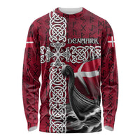 Denmark Viking Longship Long Sleeve Shirt Norse Rune & Celtic Cross Danish Flag
