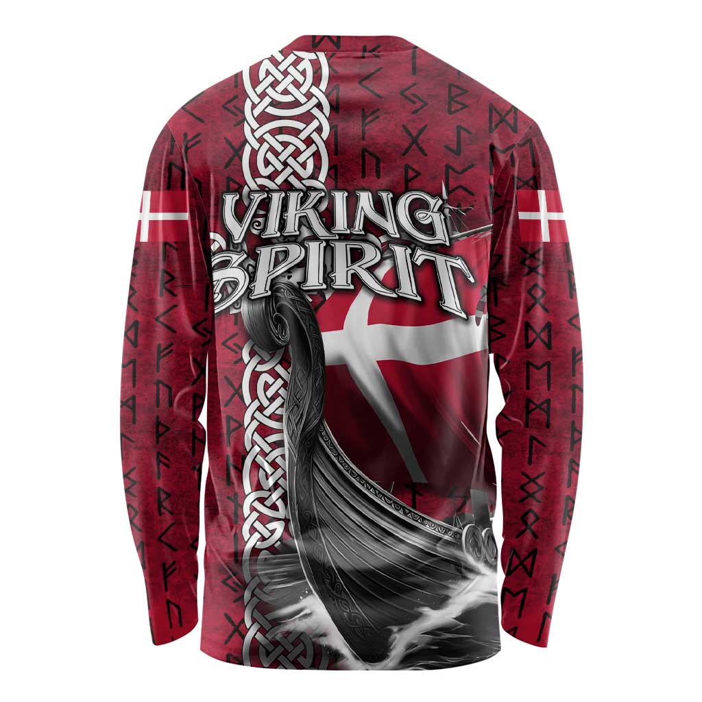 Denmark Viking Longship Long Sleeve Shirt Norse Rune & Celtic Cross Danish Flag