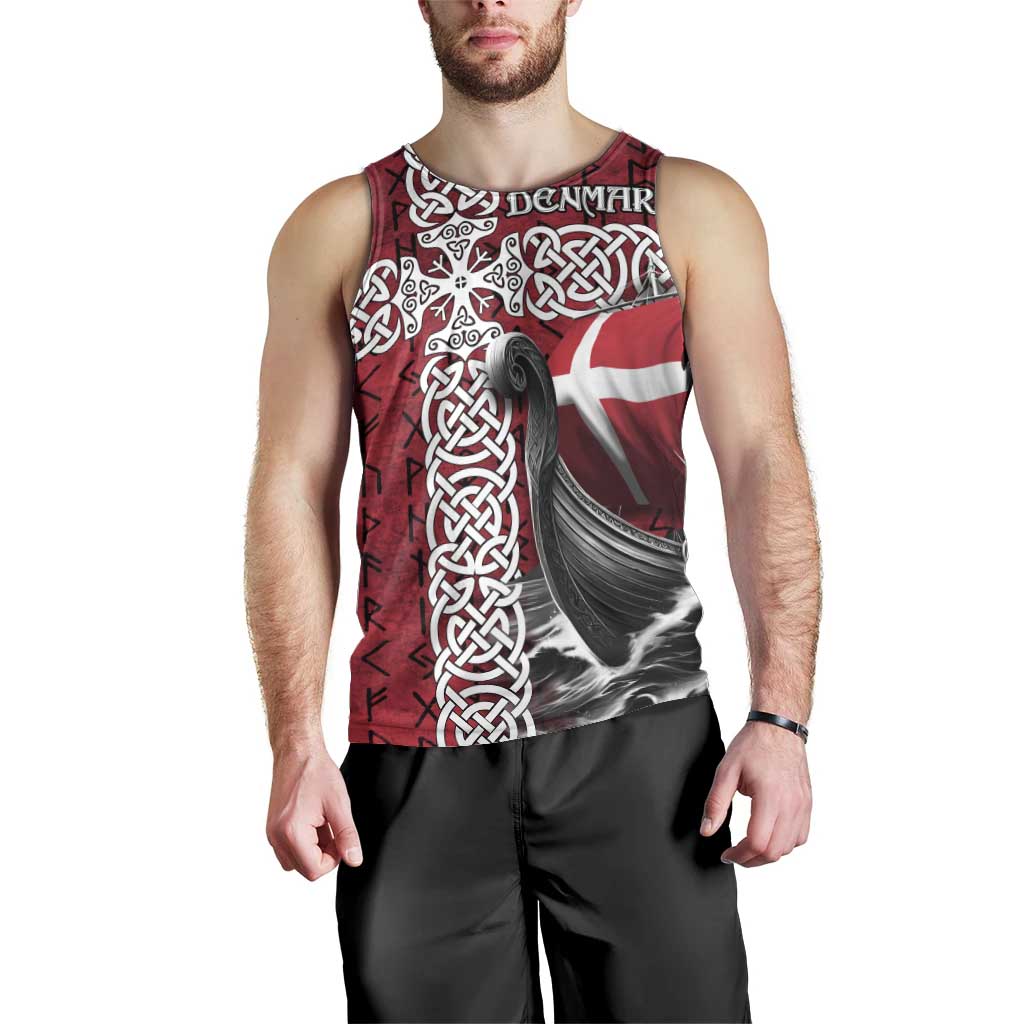 Denmark Viking Longship Men Tank Top Norse Rune & Celtic Cross Danish Flag
