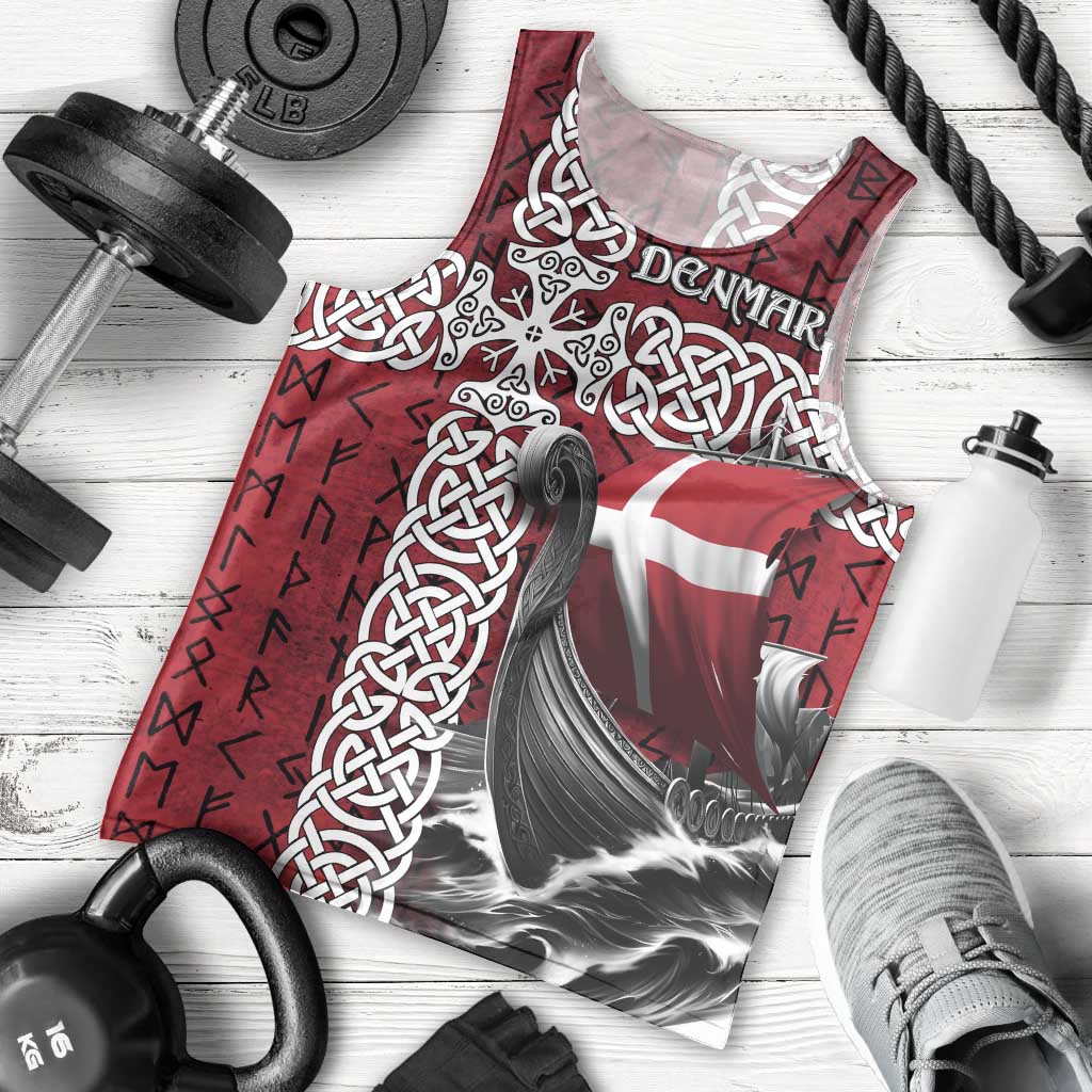 Denmark Viking Longship Men Tank Top Norse Rune & Celtic Cross Danish Flag