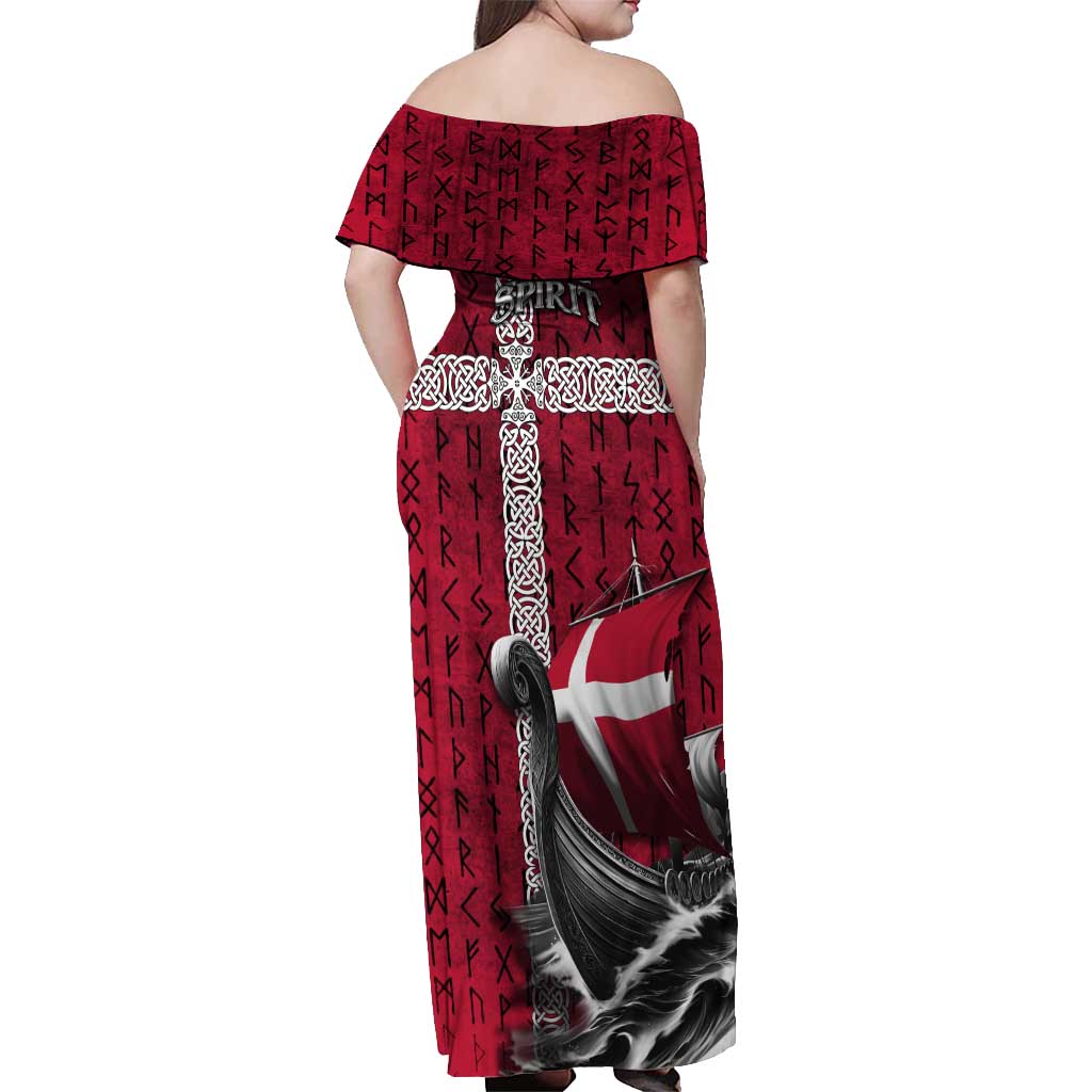 Denmark Viking Longship Off Shoulder Maxi Dress Norse Rune & Celtic Cross Danish Flag