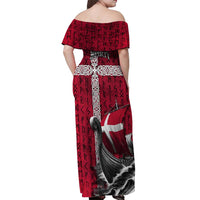Denmark Viking Longship Off Shoulder Maxi Dress Norse Rune & Celtic Cross Danish Flag