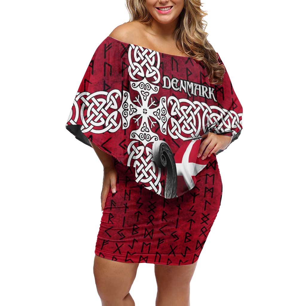 Denmark Viking Longship Off Shoulder Short Dress Norse Rune & Celtic Cross Danish Flag