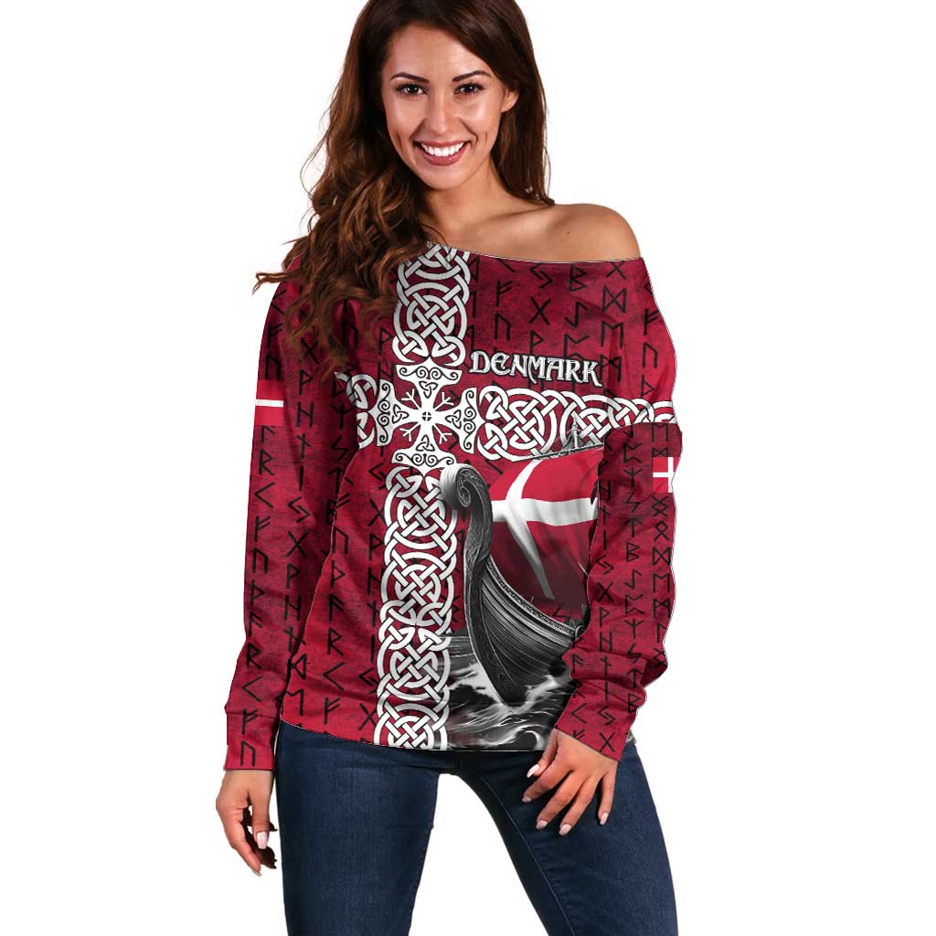 Denmark Viking Longship Off Shoulder Sweater Norse Rune & Celtic Cross Danish Flag
