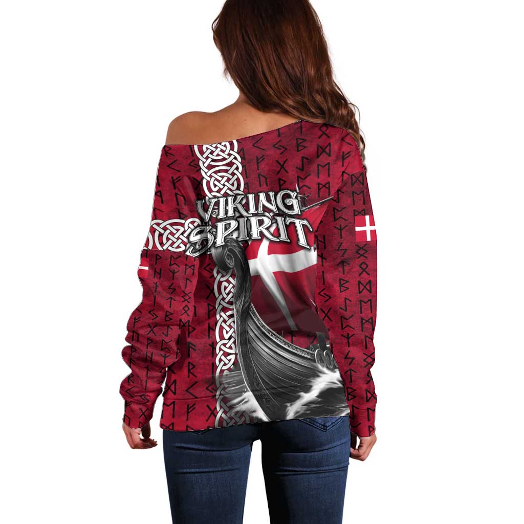 Denmark Viking Longship Off Shoulder Sweater Norse Rune & Celtic Cross Danish Flag