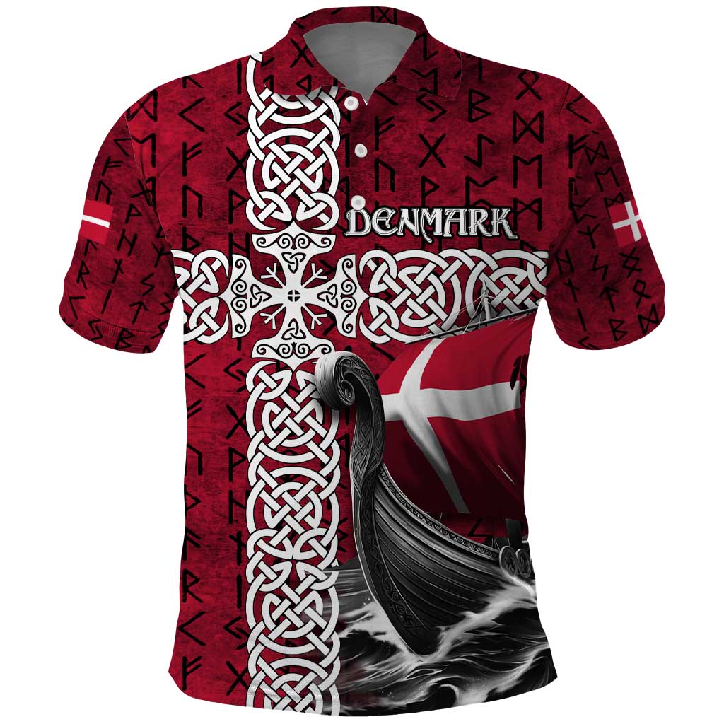 Denmark Viking Longship Polo Shirt Norse Rune & Celtic Cross Danish Flag