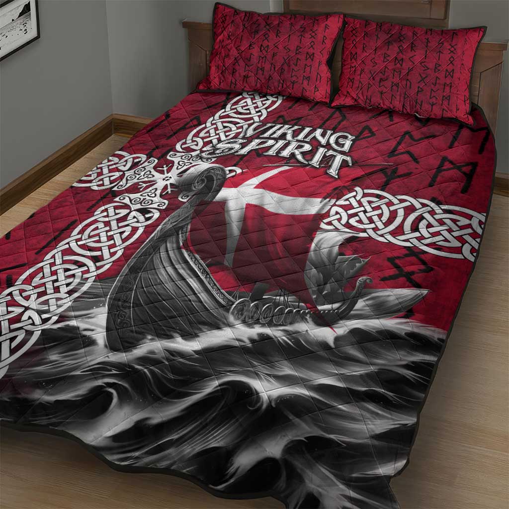 Denmark Viking Longship Quilt Bed Set Norse Rune & Celtic Cross Danish Flag