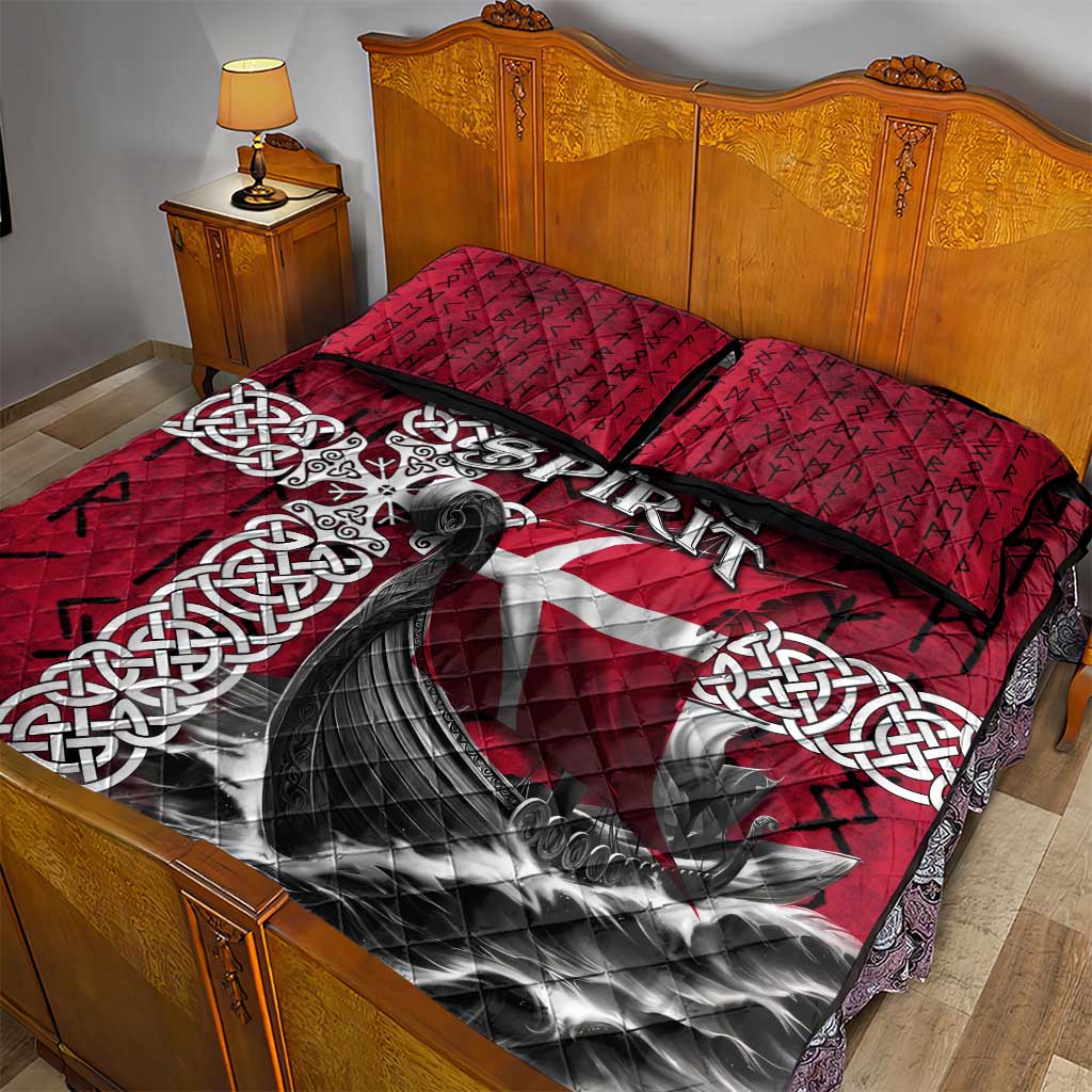 Denmark Viking Longship Quilt Bed Set Norse Rune & Celtic Cross Danish Flag