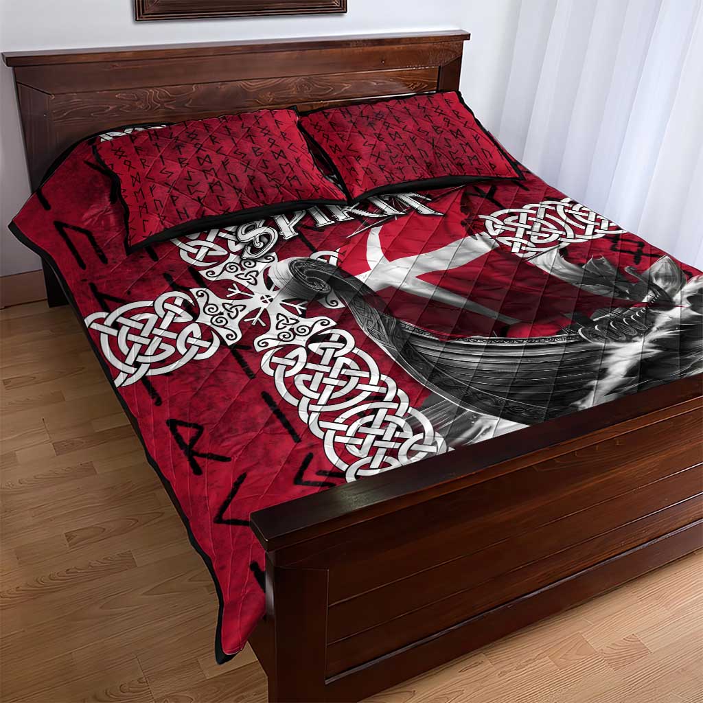 Denmark Viking Longship Quilt Bed Set Norse Rune & Celtic Cross Danish Flag