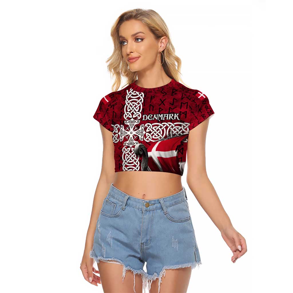 Denmark Viking Longship Raglan Cropped T Shirt Norse Rune & Celtic Cross Danish Flag