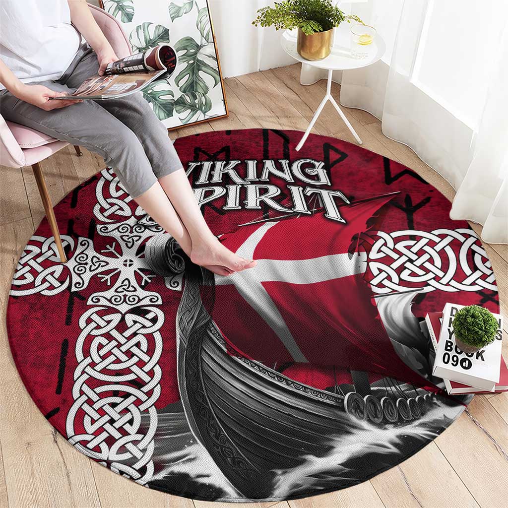 Denmark Viking Longship Round Carpet Norse Rune & Celtic Cross Danish Flag