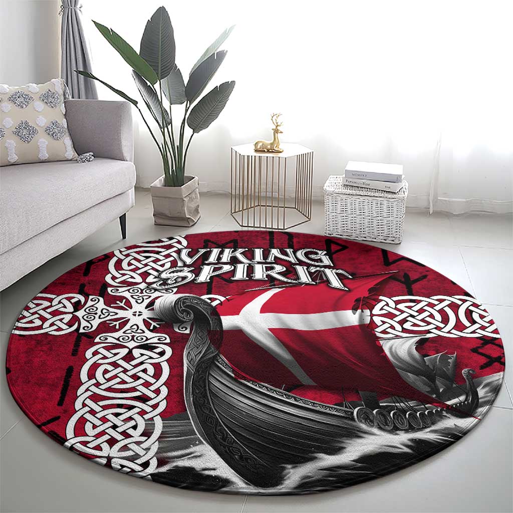 Denmark Viking Longship Round Carpet Norse Rune & Celtic Cross Danish Flag