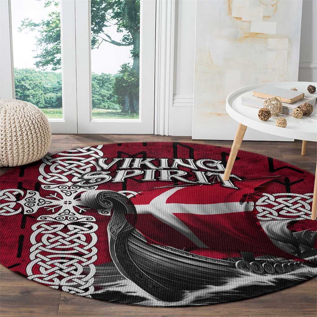 Denmark Viking Longship Round Carpet Norse Rune & Celtic Cross Danish Flag