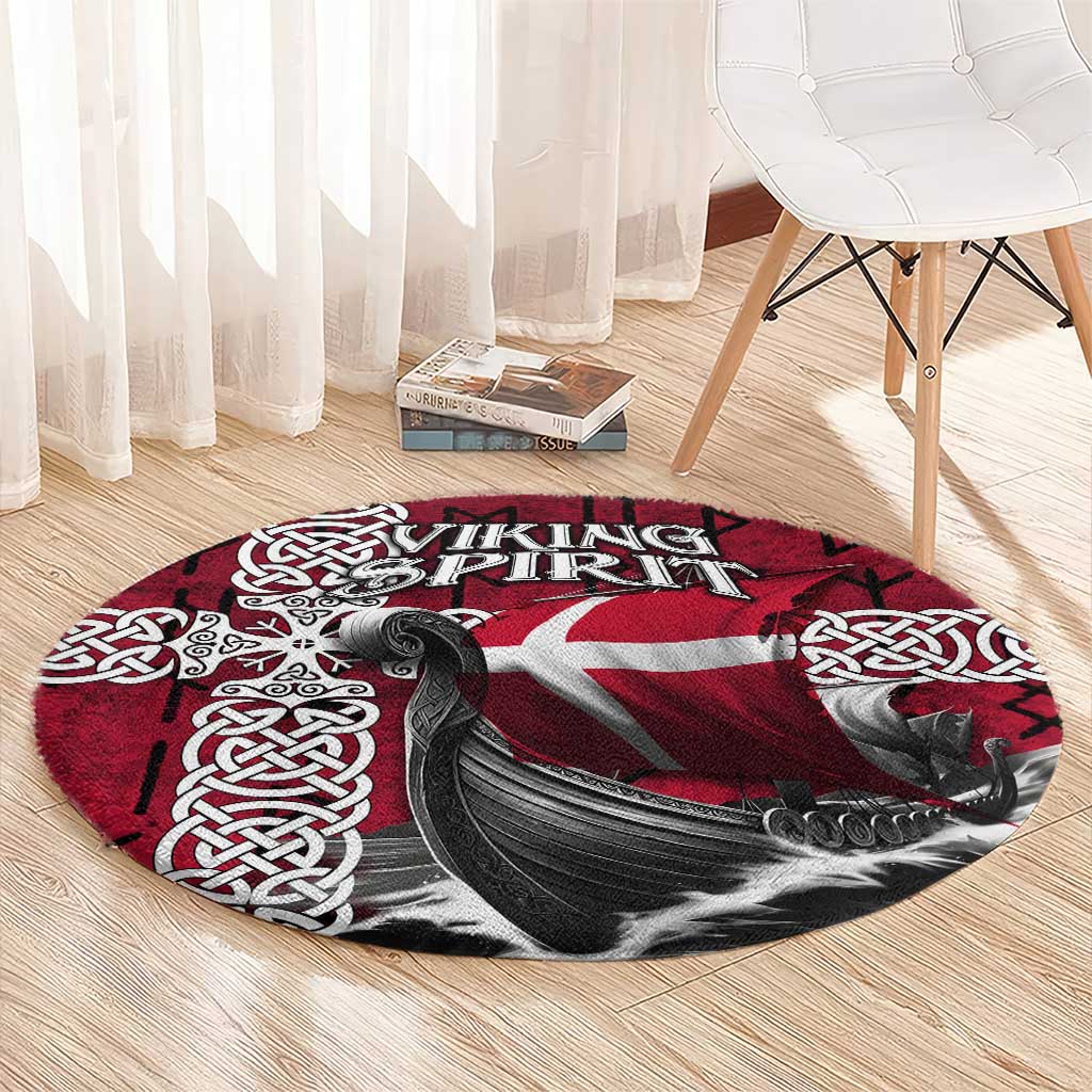 Denmark Viking Longship Round Carpet Norse Rune & Celtic Cross Danish Flag