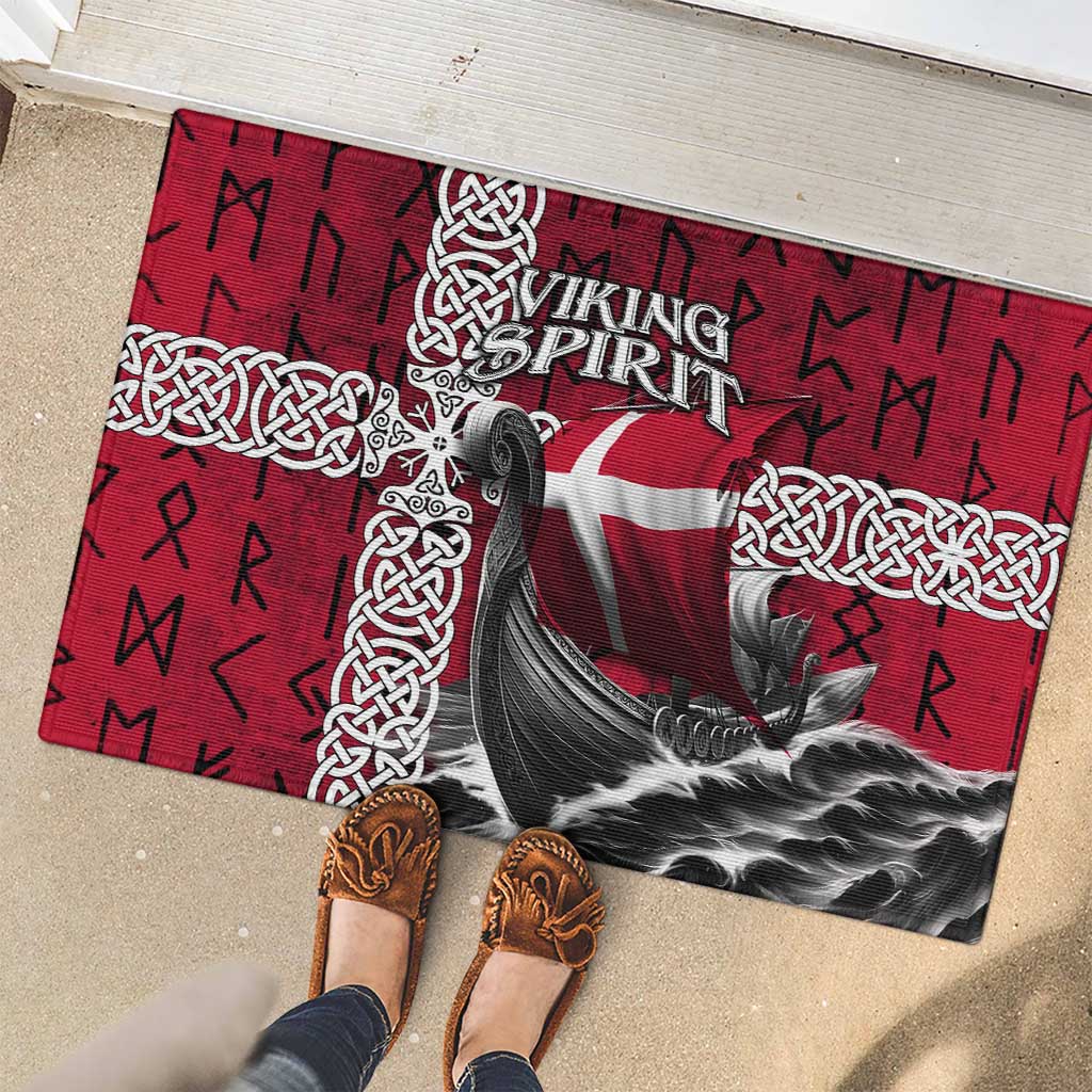 Denmark Viking Longship Rubber Doormat Norse Rune & Celtic Cross Danish Flag
