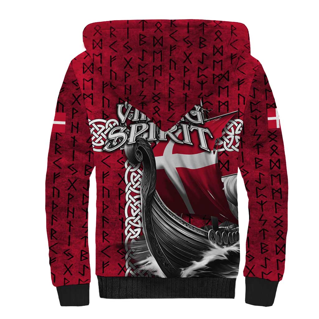 Denmark Viking Longship Sherpa Hoodie Norse Rune & Celtic Cross Danish Flag