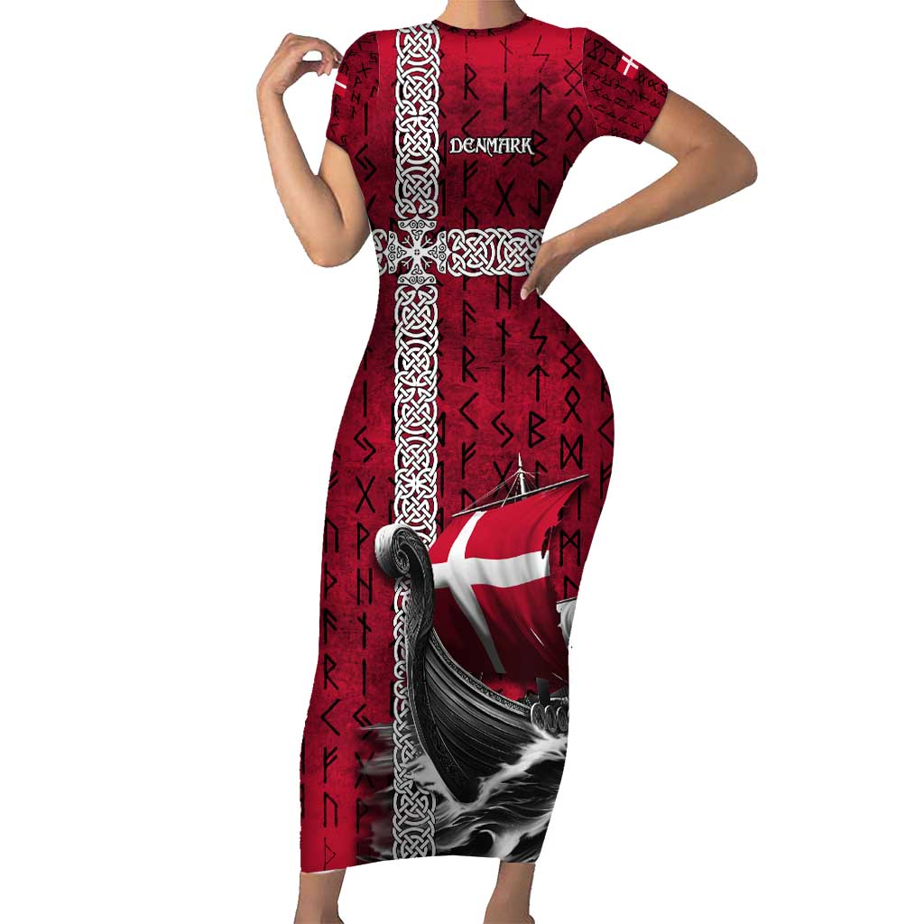 Denmark Viking Longship Short Sleeve Bodycon Dress Norse Rune & Celtic Cross Danish Flag