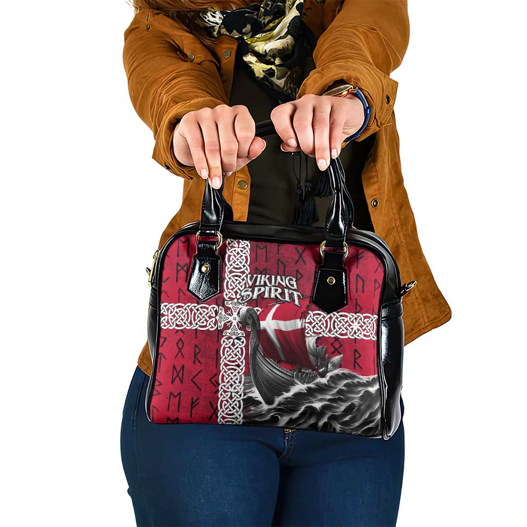 Denmark Viking Longship Shoulder Handbag Norse Rune & Celtic Cross Danish Flag