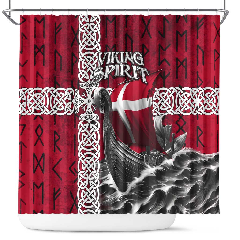 Denmark Viking Longship Shower Curtain Norse Rune & Celtic Cross Danish Flag