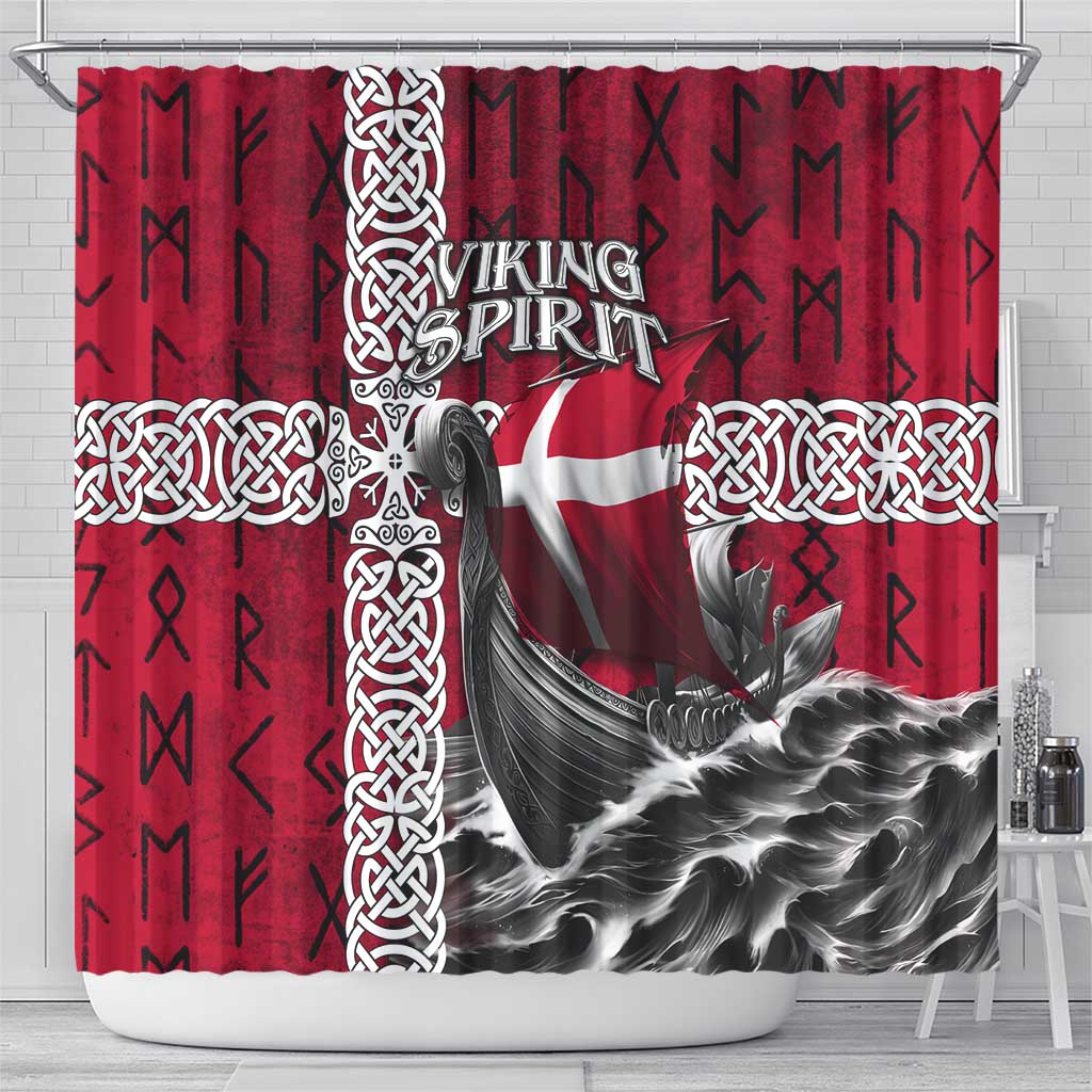 Denmark Viking Longship Shower Curtain Norse Rune & Celtic Cross Danish Flag
