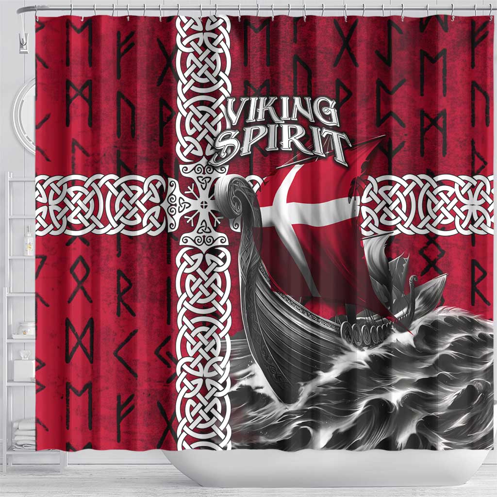 Denmark Viking Longship Shower Curtain Norse Rune & Celtic Cross Danish Flag
