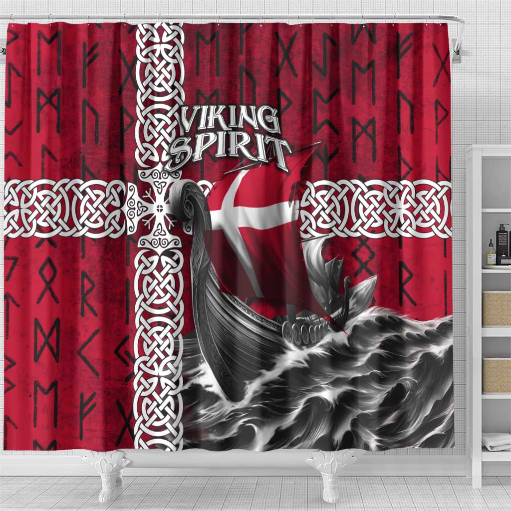 Denmark Viking Longship Shower Curtain Norse Rune & Celtic Cross Danish Flag