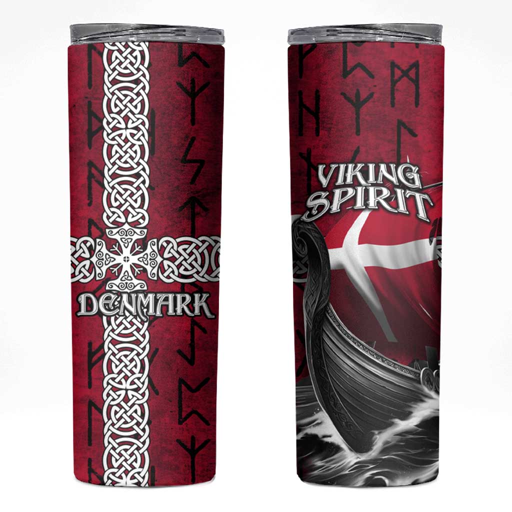 Denmark Viking Longship Skinny Tumbler Norse Rune & Celtic Cross Danish Flag