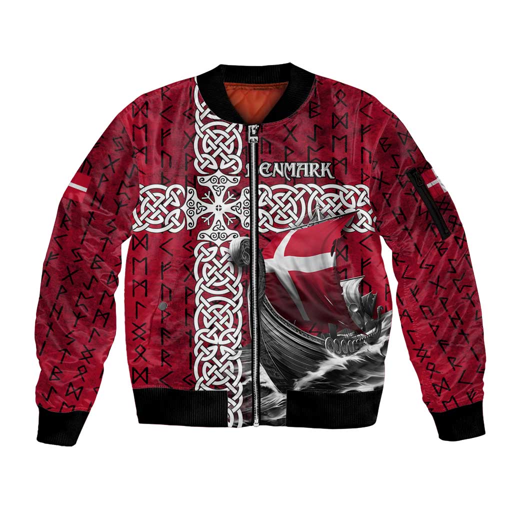 Denmark Viking Longship Sleeve Zip Bomber Jacket Norse Rune & Celtic Cross Danish Flag