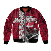 Denmark Viking Longship Sleeve Zip Bomber Jacket Norse Rune & Celtic Cross Danish Flag