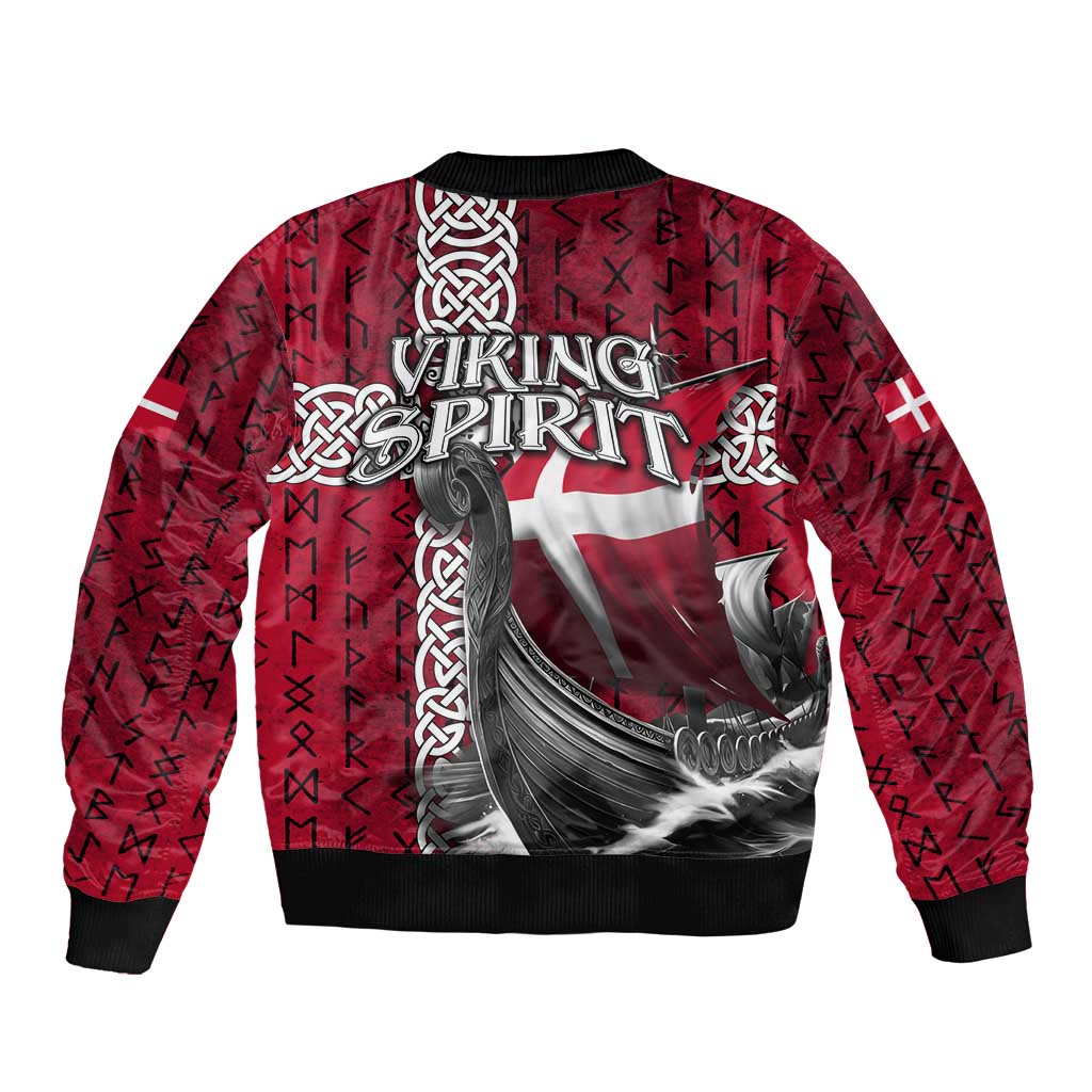 Denmark Viking Longship Sleeve Zip Bomber Jacket Norse Rune & Celtic Cross Danish Flag