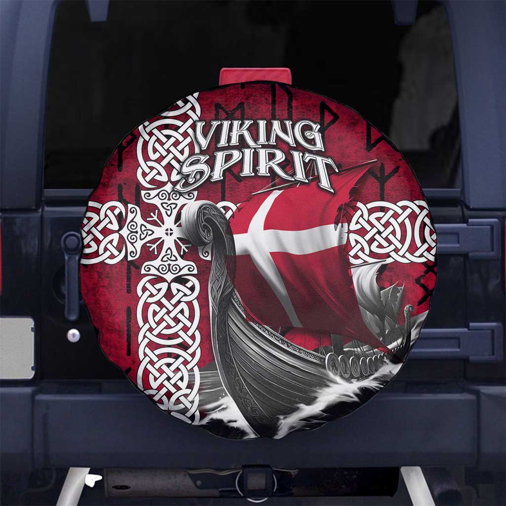 Denmark Viking Longship Spare Tire Cover Norse Rune & Celtic Cross Danish Flag