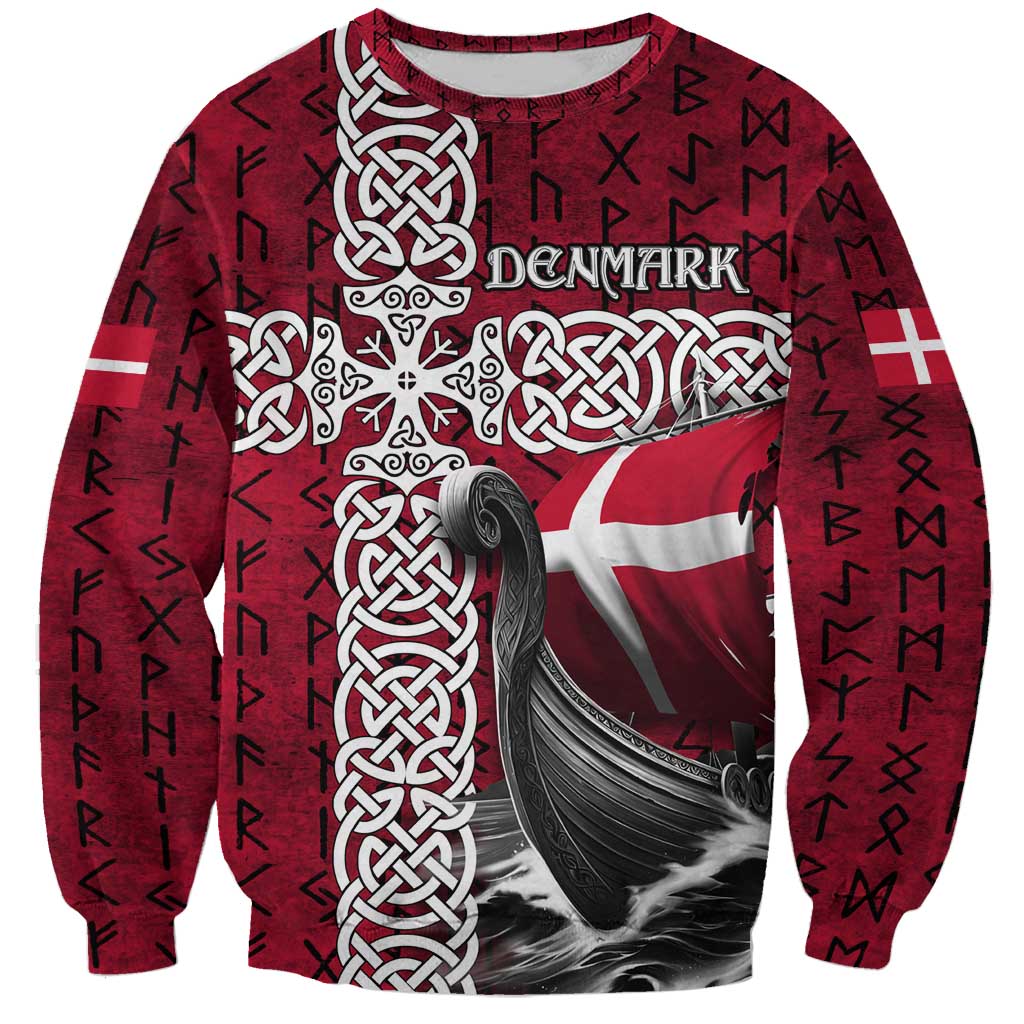 Denmark Viking Longship Sweatshirt Norse Rune & Celtic Cross Danish Flag