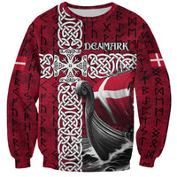 Denmark Viking Longship Sweatshirt Norse Rune & Celtic Cross Danish Flag