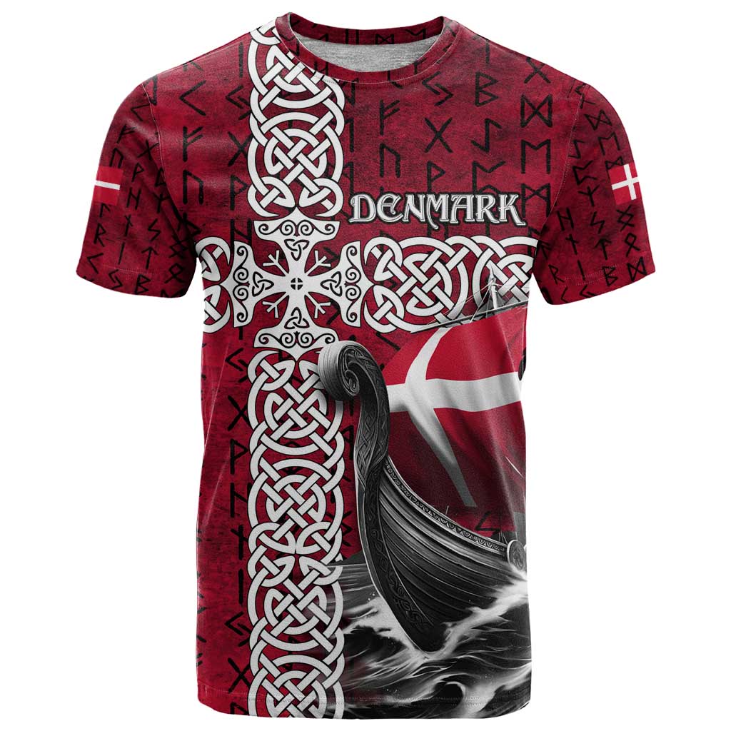 Denmark Viking Longship T Shirt Norse Rune & Celtic Cross Danish Flag