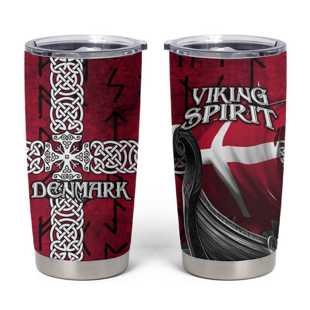 Denmark Viking Longship Tumbler Cup Norse Rune & Celtic Cross Danish Flag