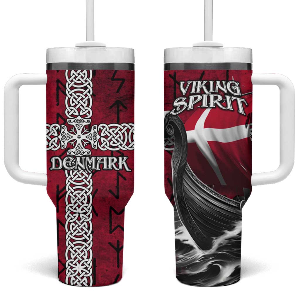 Denmark Viking Longship Tumbler With Handle Norse Rune & Celtic Cross Danish Flag