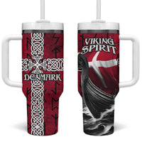 Denmark Viking Longship Tumbler With Handle Norse Rune & Celtic Cross Danish Flag